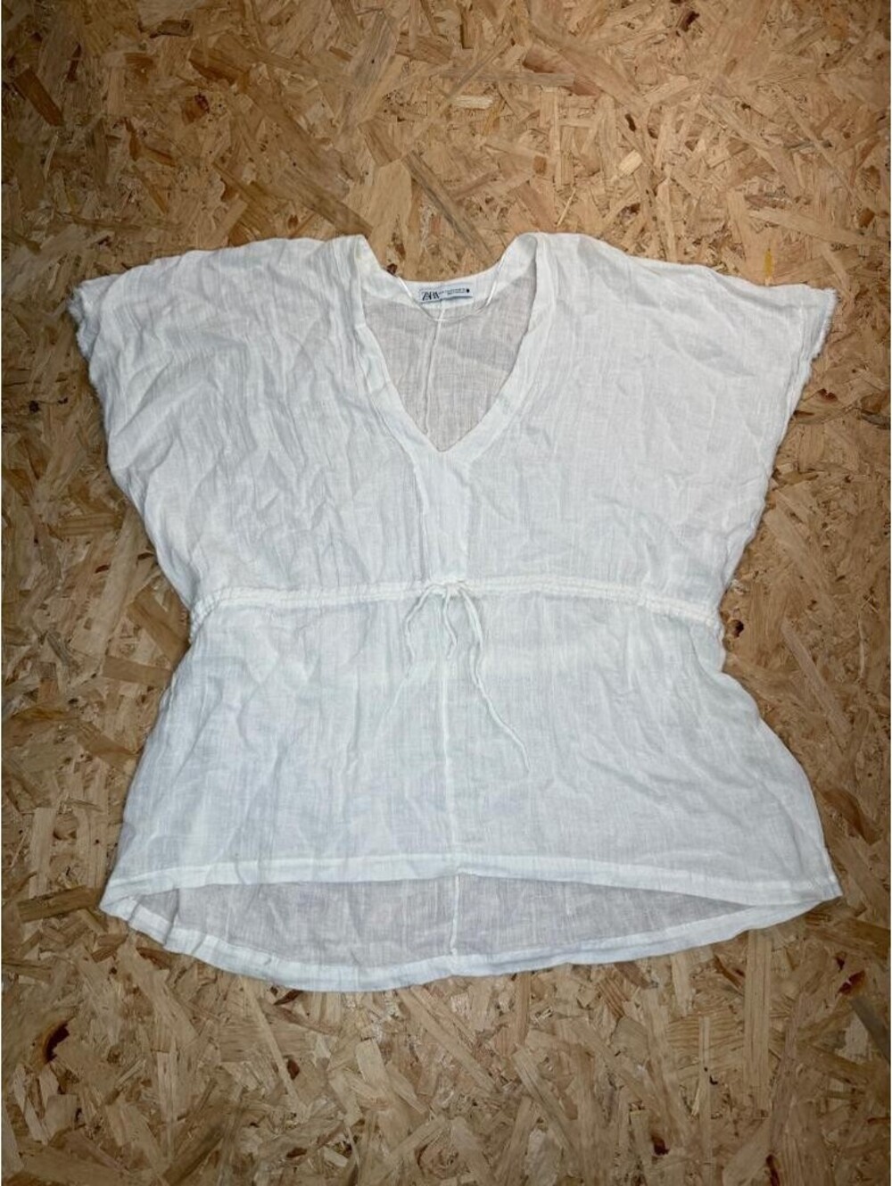 Zara Womens White Linen Blend V-Neck Drawstring Waist Blouse Top Size